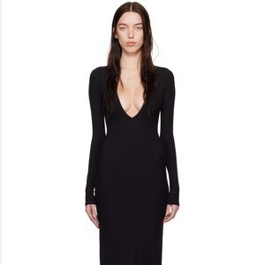 SKIMS Black Deep V-Neck Long Sleeve Dress